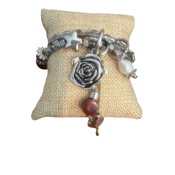 2 Strand Silver Tone Beaded Stretch Bracelet Rose Charm Pearl Dangle Stones Adj - Picture 2 of 5